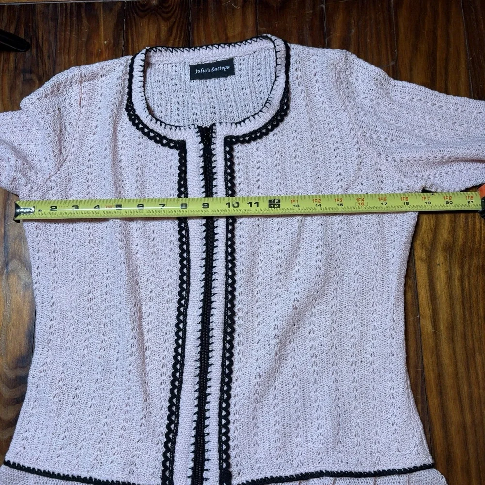 Julie's Bottega Pink Black Trim Zip Front Cardigan Sweater Sz M Coquette A178